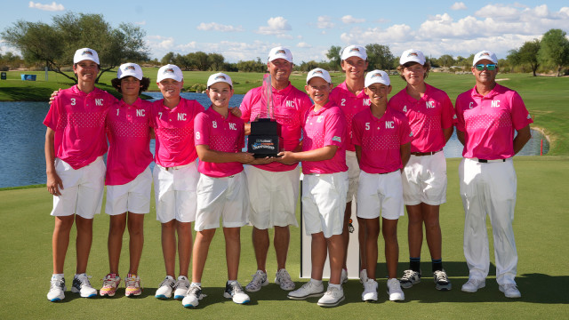 Team North Carolina poses with the trophy after winning the final round of the 2022 National Car Rental PGA Jr. League Championship at Grayhawk Golf Club on October 9, 2022 in Scottsdale, Arizona. (Photo by Darren Carroll/PGA of America)