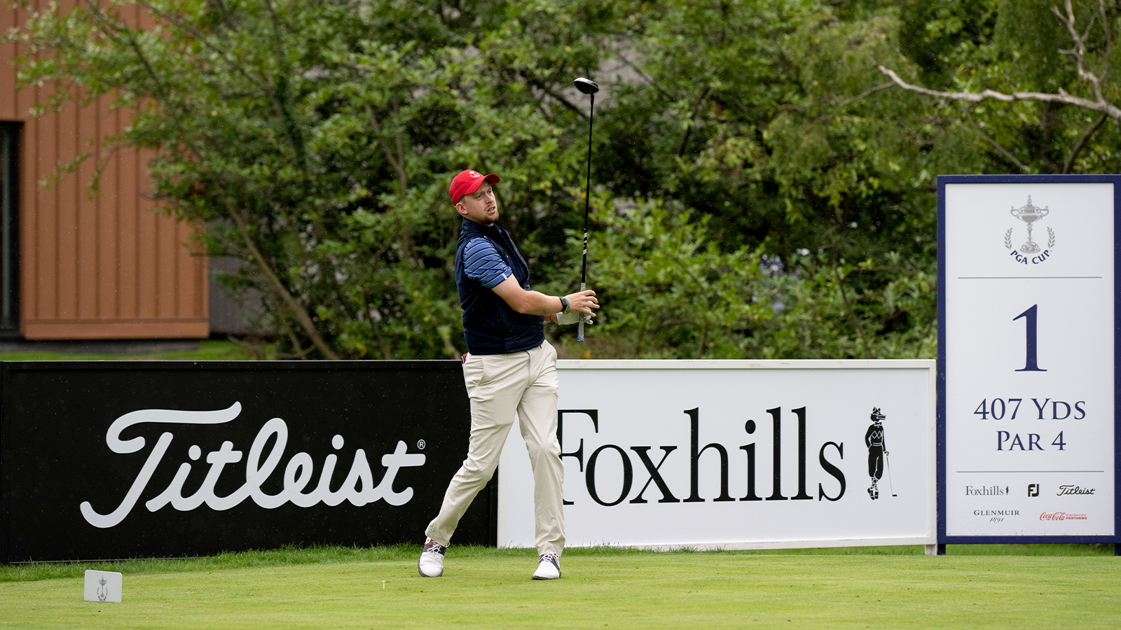Larkin Gross of the United States hits his shot during the 30th PGA Cup at Foxhills Golf Club on September 13, 2022 in Ottershaw, England.  (Photo by Matthew Harris/PGA of America)