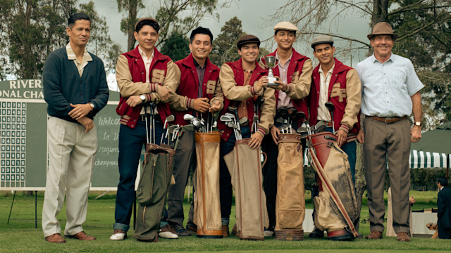 "The Long Game" centers around the true story of the San Felipe High School Mustangs’ golf team, who are led by characters JB Peña , played by Jay Hernandez (far left) and Frank Mitchell, played by Dennis Quaid (far right).

