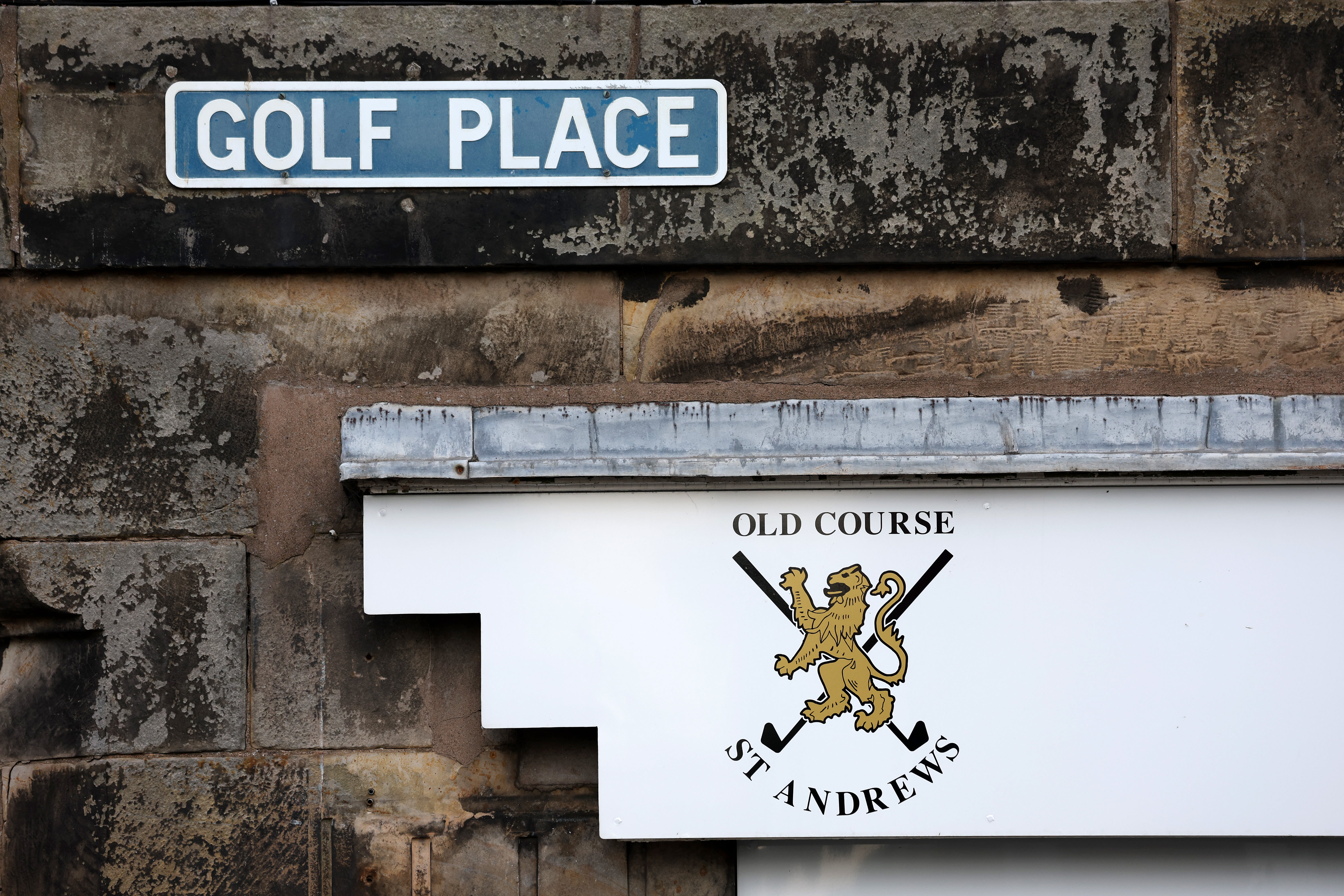 Detailed view of a sign at St. Andrews Old Course ahead of the 150th The Open