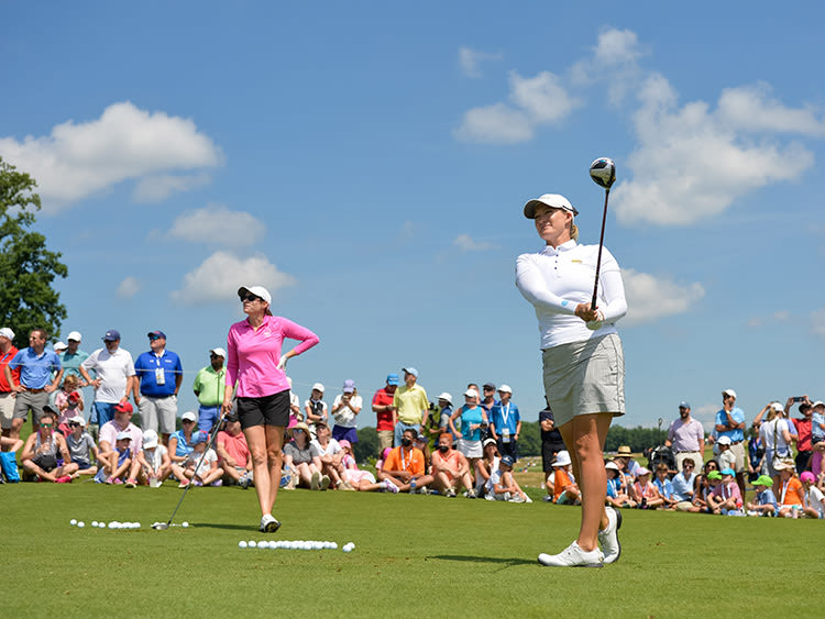 Sara Jane Smith hits her shot at the LPGA Tour Player Demonstration. (Photo by Montana Pritchard/PGA of America)