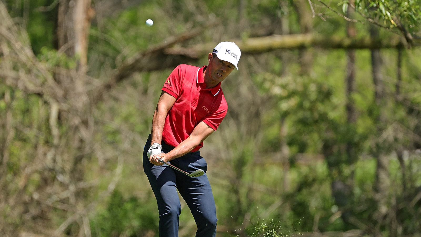 Mike Weir of Canada hits his third shot on the first hole during the third round of the Senior PGA Championship presented by KitchenAid at Harbor Shores.