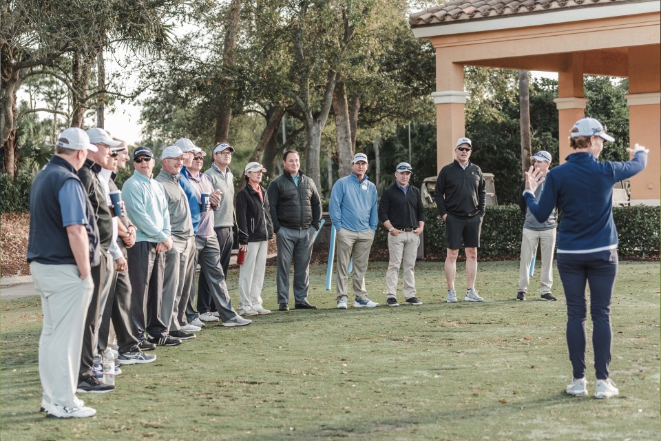 Golf professional teaching a group of golfers from all skill levels about course management and scoring with better short game skills.