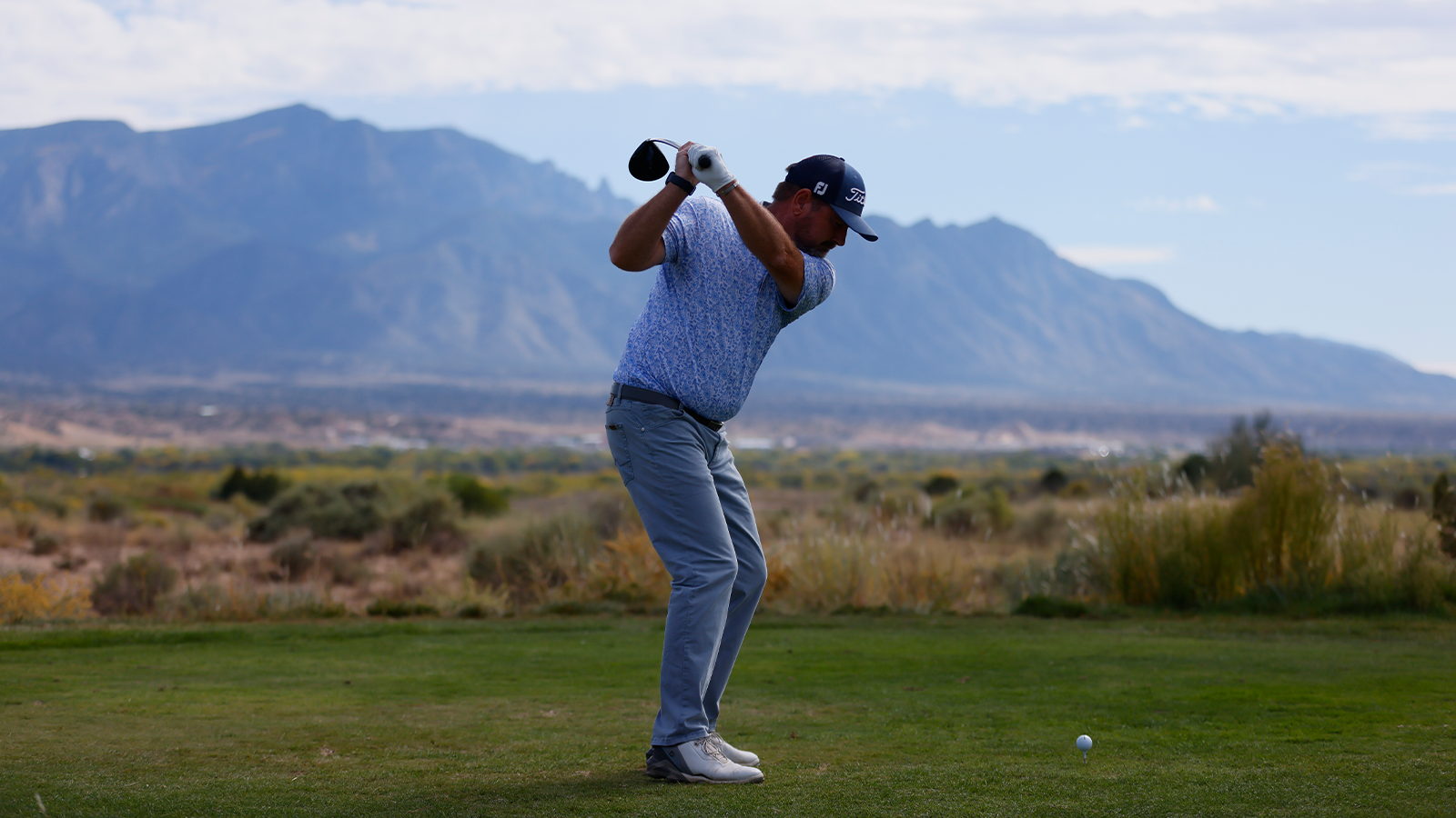 Alan Sorensen hits a tee shot on the third hole during the third round of the 34th Senior PGA Professional Championship at Twin Warriors Golf Club on October 15, 2022 in Santa Ana Pueblo, New Mexico. (Photo by Justin Edmonds/PGA of America)