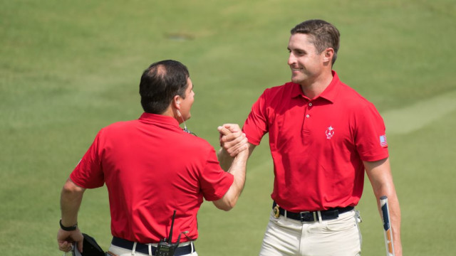 United States Team Captain, Derek Sprague congratulates Alex Beach of the United States on the 18th hole during the Singles Matches for the 29th PGA Cup held at the Omni Barton Creek Resort & Spa on September 29, 2019 in Austin, Texas. (Photo by Montana Pritchard/PGA of America)