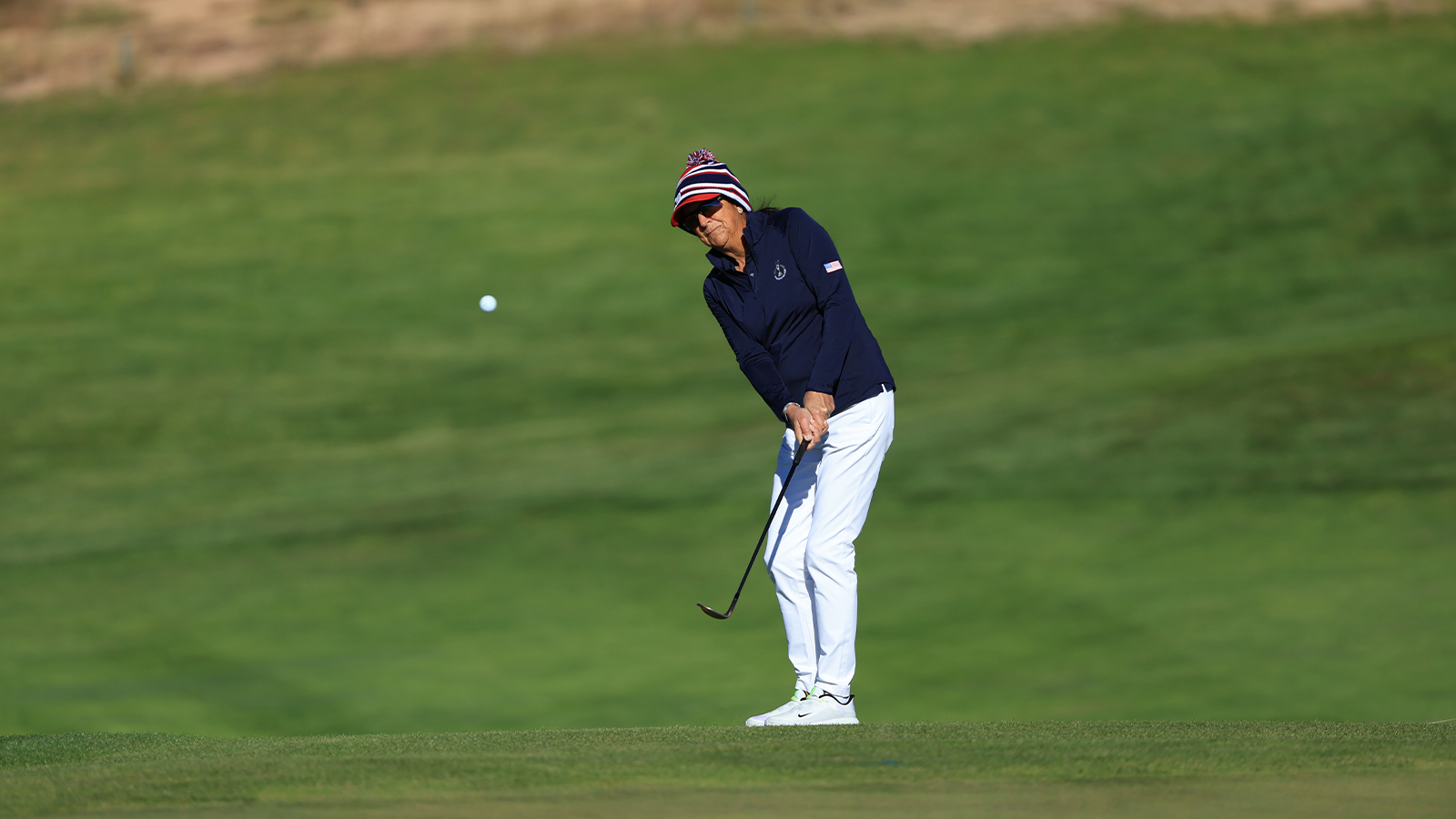 Sherry Andonian of Team USA hits her shot during a practice round for the 2nd PGA Women's Cup at Twin Warriors Golf Club on Tuesday, October 25, 2022 in Santa Ana Pueblo, New Mexico. (Photo by Sam Greenwood/PGA of America)