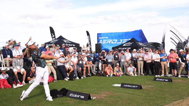 Kyle Berkshire swings at a range demo during the Demo Day at the 2023 PGA Show. (Photo by Scott Halleran/PGA of America)