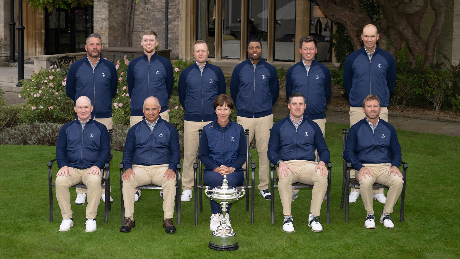 (Back row); Michael Block of the United States, Larkin Gross of the United States, Ryan Vermeer of the United States, Wyatt Worthington II of the United States, Ben Polland of the United States and Jared Jones (Front Row); Frank Bensel Jr. of the United States, Omar Uresti of the United States, Captain and PGA of America Honorary President, Suzy Whaley, Alex Beach of the United States and Jesse Mueller of the United States pose with the Llandudno trophy during the 30th PGA Cup at Foxhills Golf Club on September 15, 2022 in Ottershaw, England. (Photo by Matthew Harris/PGA of America)