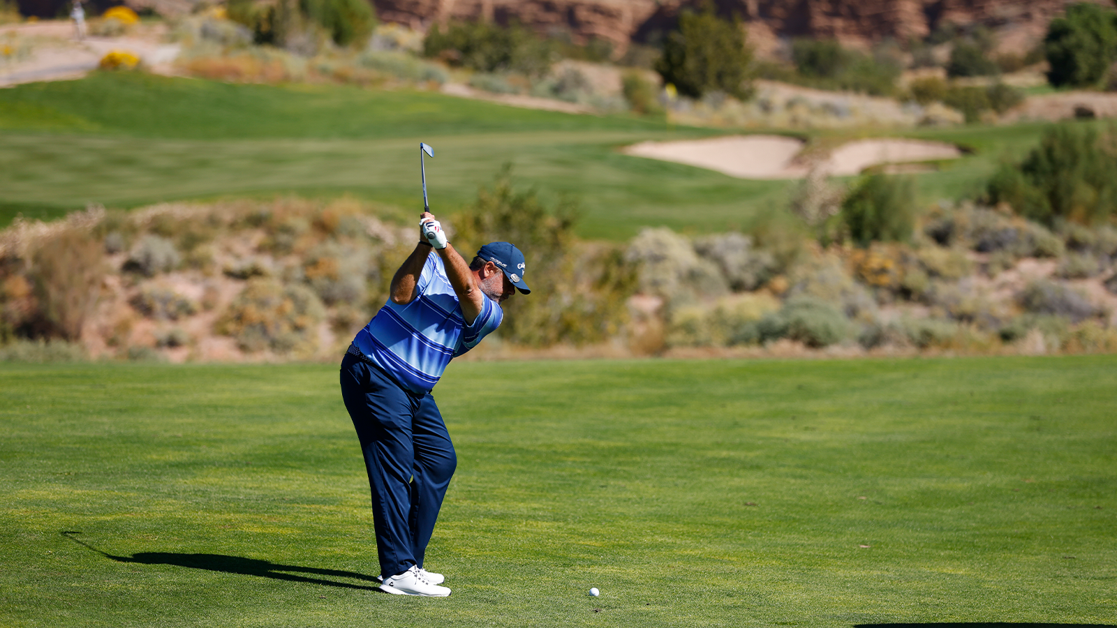 David Hronek hits his shot on the 10th hole during the second round of the 34th Senior PGA Professional Championship at Twin Warriors Golf Club on October 14, 2022 in Santa Ana Pueblo, New Mexico. (Photo by Justin Edmonds/PGA of America)