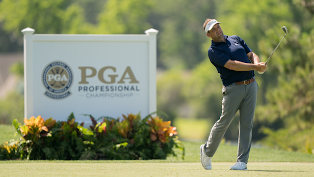 Matt Dobyns hits his tee shot on the 16th hole during the third round for the 52nd PGA Professional Championship.