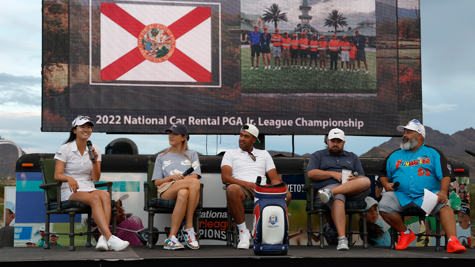 Special guests at the National Car Rental Welcome Party including ESPN’s Michael Collins and CBS’ Colt Knost with two-time U.S. Ryder Cup member Tony Finau, PGA Jr. League Ambassador and 2014 U.S. Women’s Open Champion Michelle Wie West & World Amateur No. 1 and 2022 NCAA Division I Champion Rose Zhang.  (Photo by Chris Coduto/PGA of America)