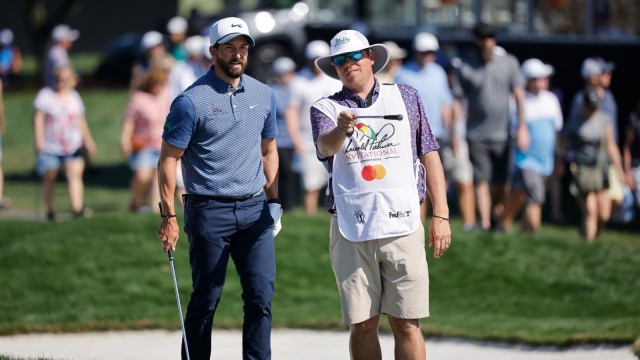 Greg Koch surveys his shot with caddie and brother Matt during the second round of the 2023 Arnold Palmer Invitational. (Photo by Joe Robbins/Icon Sportswire via Getty Images)
