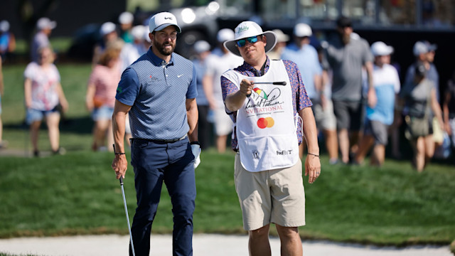 Greg Koch surveys his shot with caddie and brother Matt during the second round of the 2023 Arnold Palmer Invitational. (Photo by Joe Robbins/Icon Sportswire via Getty Images)