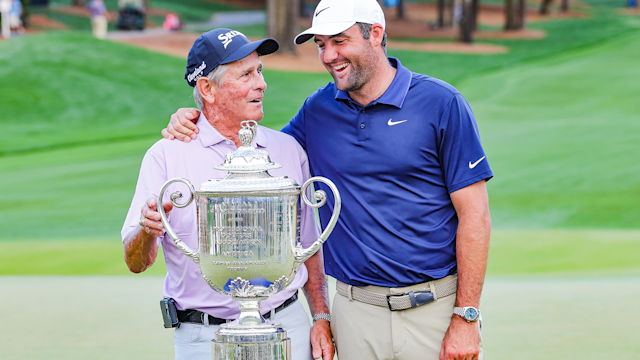 Randy Smith and Scottie Scheffler after Scheffler's win at the 2025 PGA Championship.