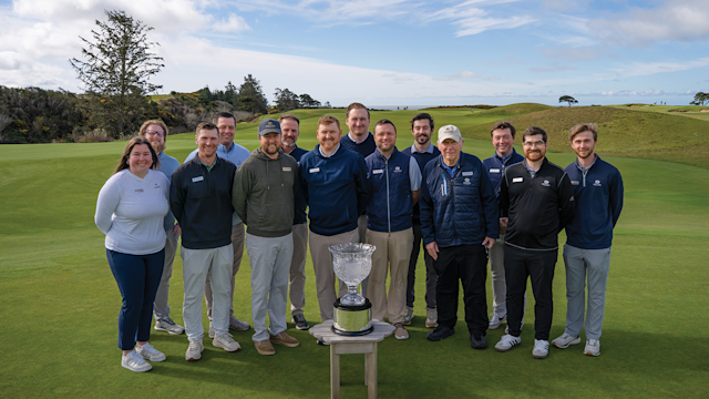 PGA of America Golf Professionals on staff at Bandon Dunes Golf Resort include, from left: (front row) Jessica McClellan, Kevin Phillips, Michael Chupka, Ryan Nelson, James Billings, Grant Rogers, Nicolaus Walther, (back row) Jason Poll, Nick Bonander, Scott Millhouser, Evan Speck, Ian Scarborough, Caden Jackson and Paul Sweeney.