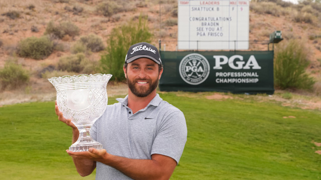 Braden Shattuck holds The Walter Hagen Cup after winning the 55th PGA Professional Championship at Twin Warriors Golf Club on Wednesday, May 3, 2023 in Santa Ana Pueblo, New Mexico. (Photo by Darren Carroll/PGA of America)