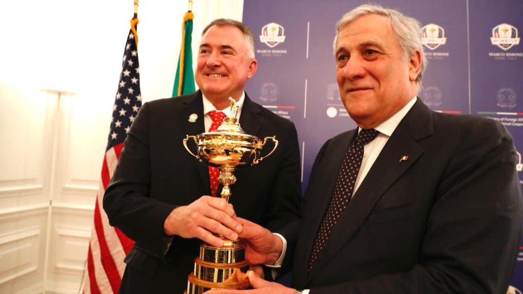 PGA Vice President Don Rea and Antonio Tajani, the Italian Deputy Prime Minister and Minister of Foreign Affairs, pose with the Ryder Cup at an event on Feb. 24 in New York City.
