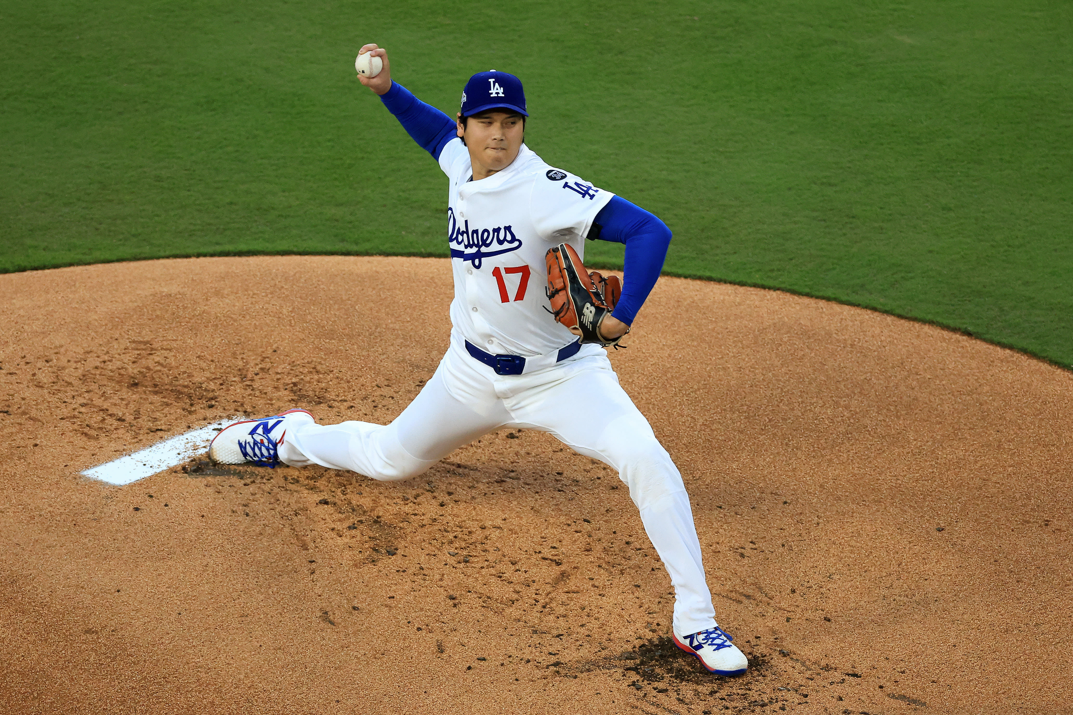 Shohei Ohtani pitching in the MLB playoffs.