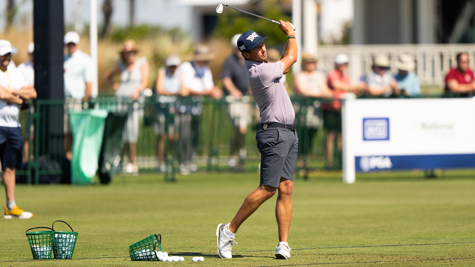 PGA Professional Ben Polland hits his shot on the driving range during a practice round for the 2021 PGA Championship held at the Ocean Course on May 17, 2021 in Kiawah Island, South Carolina. (Photo by Darren Carroll/PGA of America)