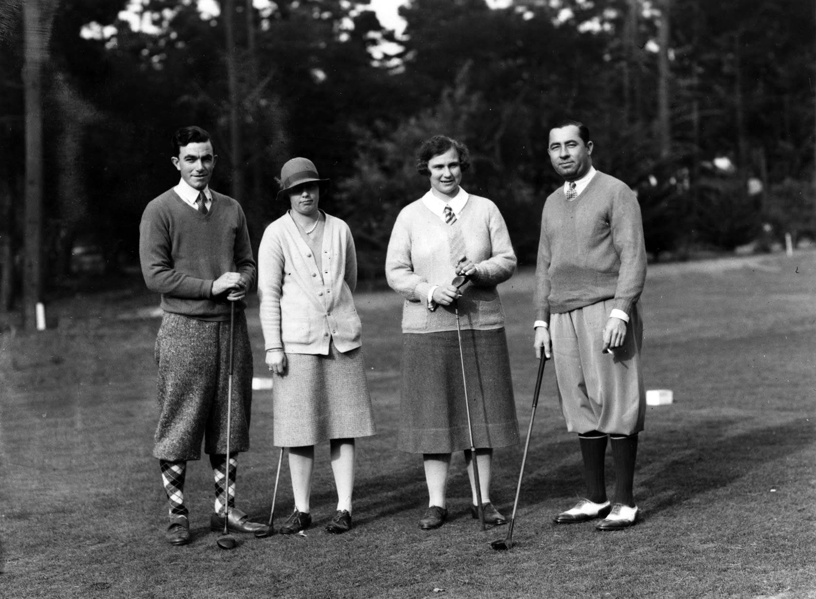 A match for the ages: 1928 U.S. Open Champion Johnny Farrell (far left) and five-time PGA Champion Walter Hagen battled six-time U.S Women's Amateur Glenna Collett (second from left) and Hollins in an exhibition at Cypress Point in 1929. Collett and Hollins won. (Julian P. Graham/Loon Hill)