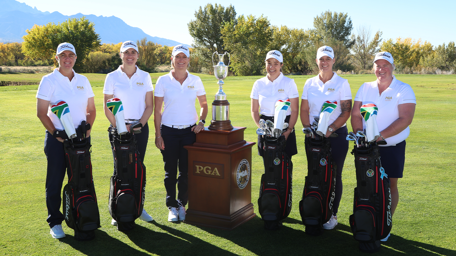 Rachel Howard, Nicole van Pletzen, Leigh-Jane Middleton, Liedeke de Klerk, Julie Bruyns Leach and Alet de Langen of Team South Africa pose for a photograph with the tournament trophy before the 2nd Women’s PGA Cup at Twin Warriors Golf Club on Wednesday, October 26, 2022 in Santa Ana Pueblo, New Mexico. (Photo by Sam Greenwood/PGA of America)