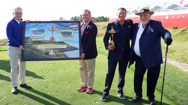 Keith Pelley, CEO of the European Tour and President of the PGA of America Jim Richerson present Kohler Company President and Chief Executive Officer David Kohler and Kohler Company Executive Chairman Herbert Kohler Jr. with a plaque acknowledging their hosting of the 2020 Ryder Cup during Sunday Singles Matches of the 43rd Ryder Cup at Whistling Straits on September 26, 2021 in Kohler, Wisconsin. (Photo by Andrew Redington/Getty Images)