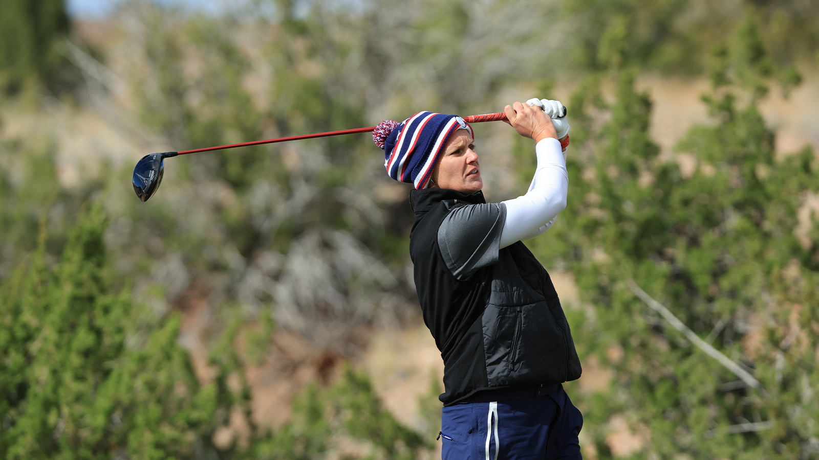 Jennifer Borocz of Team USA watches after hitting her tee shot at the fourteenth hole during the first round of the 2nd Women's PGA Cup at Twin Warriors Golf Club on Thursday, October 27, 2022 in Santa Ana Pueblo, New Mexico. (Photo by Sam Greenwood/PGA of America)