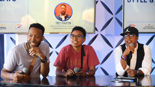 CEO of Goldmill & Creator of Greenwood Ave. Brand, Trey Thaxton, Silhouette Sneakers Tulsa, Venita Cooper and VP of JORDAN Brand, Gentry Humphrey speak at the Style & Beats Panel discussion.