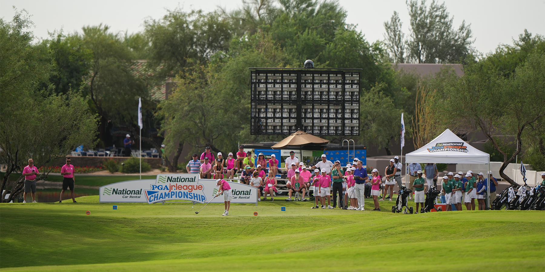 Andrew Burstad of Team Minnesota hits his tee shot on the first hole during Day Two of the 2021 National Car Rental PGA Jr. League Championship at Grayhawk Golf Club on October 9, 2021 in Scottsdale, AZ. (Photo by Darren Carroll/PGA of America)