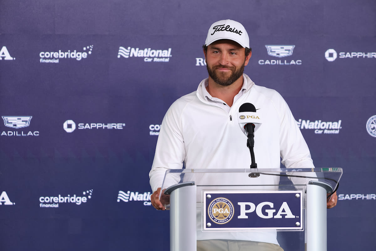 Braden Shattuck of the Corebridge Financial PGA Team speaks to the media during a practice round before the PGA Championship at Oak Hill Country Club on Tuesday, May 16, 2023 in Rochester, New York. (Photo by Maddie Meyer/PGA of America)