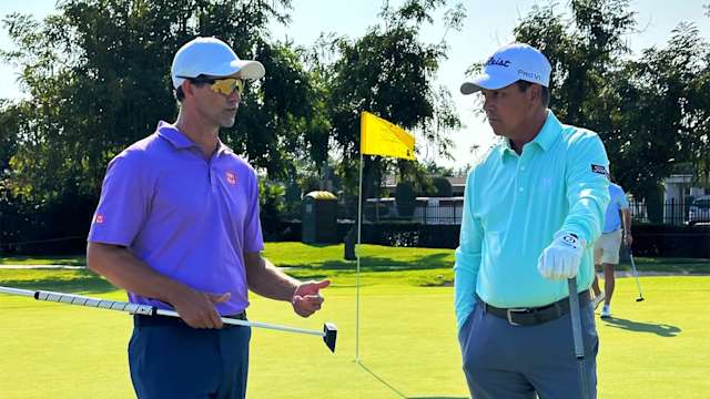Michael Castillo, PGA, talks with PGA Tour player Adam Scott during a practice round at the 2023 Sony Open.