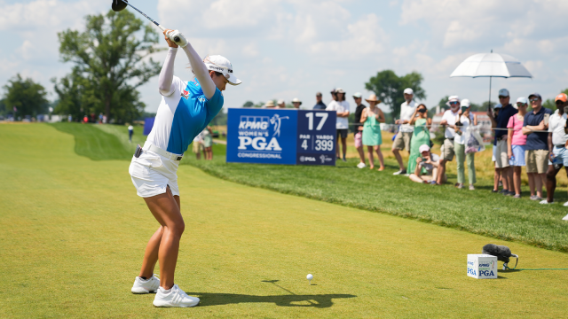 Minjee Lee hits her shot from the 17th tee during the third round for the 2022 KPMG Women's PGA Championship at Congressional Country Club on June 25, 2022 in Bethesda, Maryland.