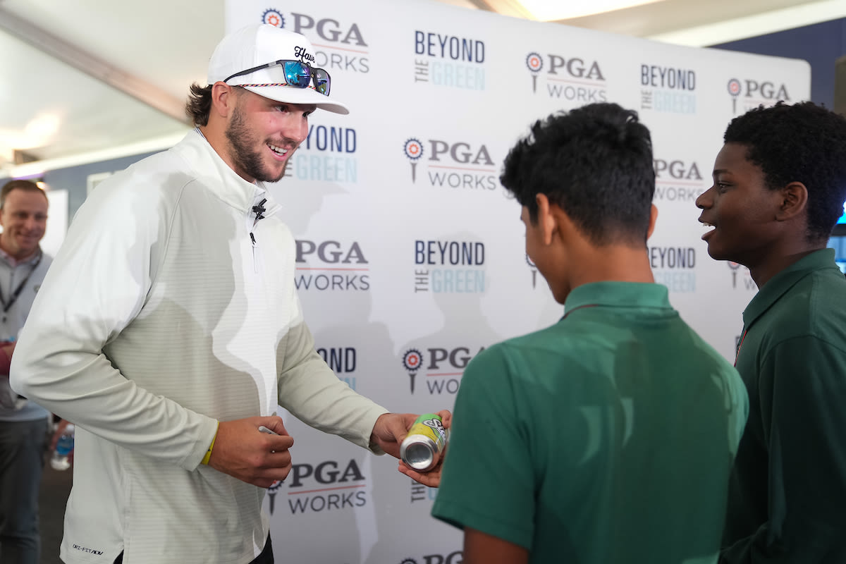 Buffalo Bills player Josh Allen signs autographs during the Beyond the Green programming  before the PGA Championship at Oak Hill Country Club on Tuesday, May 16, 2023 in Rochester, New York. (Photo by Darren Carroll/PGA of America)