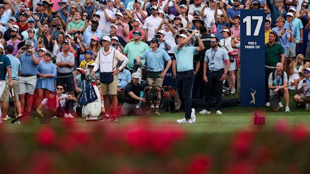 Scottie Scheffler plays his shot from the 17th tee during the final round on March 12 of The Players Championship at TPC Sawgrass. (Photo by Jared C. Tilton/Getty Images)