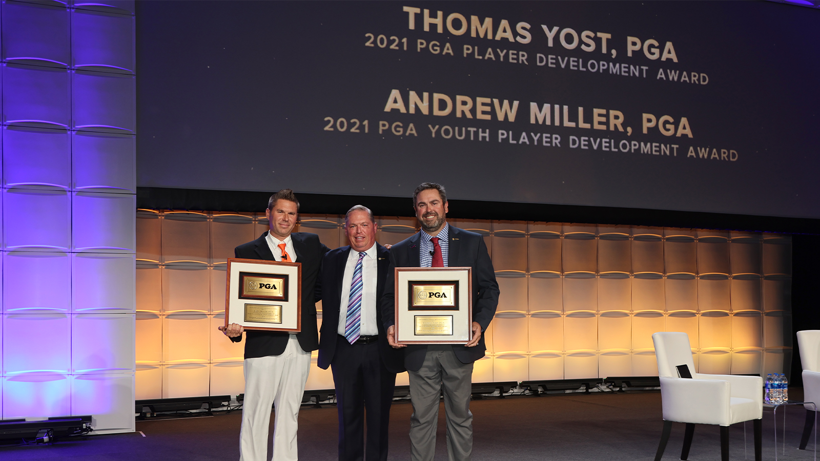 PGA of America President Jim Richerson poses for a photo with winner of the PGA Youth Player Development award Andrew Miller and winner of the PGA Player Development Award Thomas Yost during the PGA Special Awards night for the 106th PGA Annual Meeting at JW Marriott Phoenix Desert Ridge Resort & Spa on Tuesday, November 1, 2022 in Phoenix, Arizona. (Photo by Sam Greenwood/PGA of America)