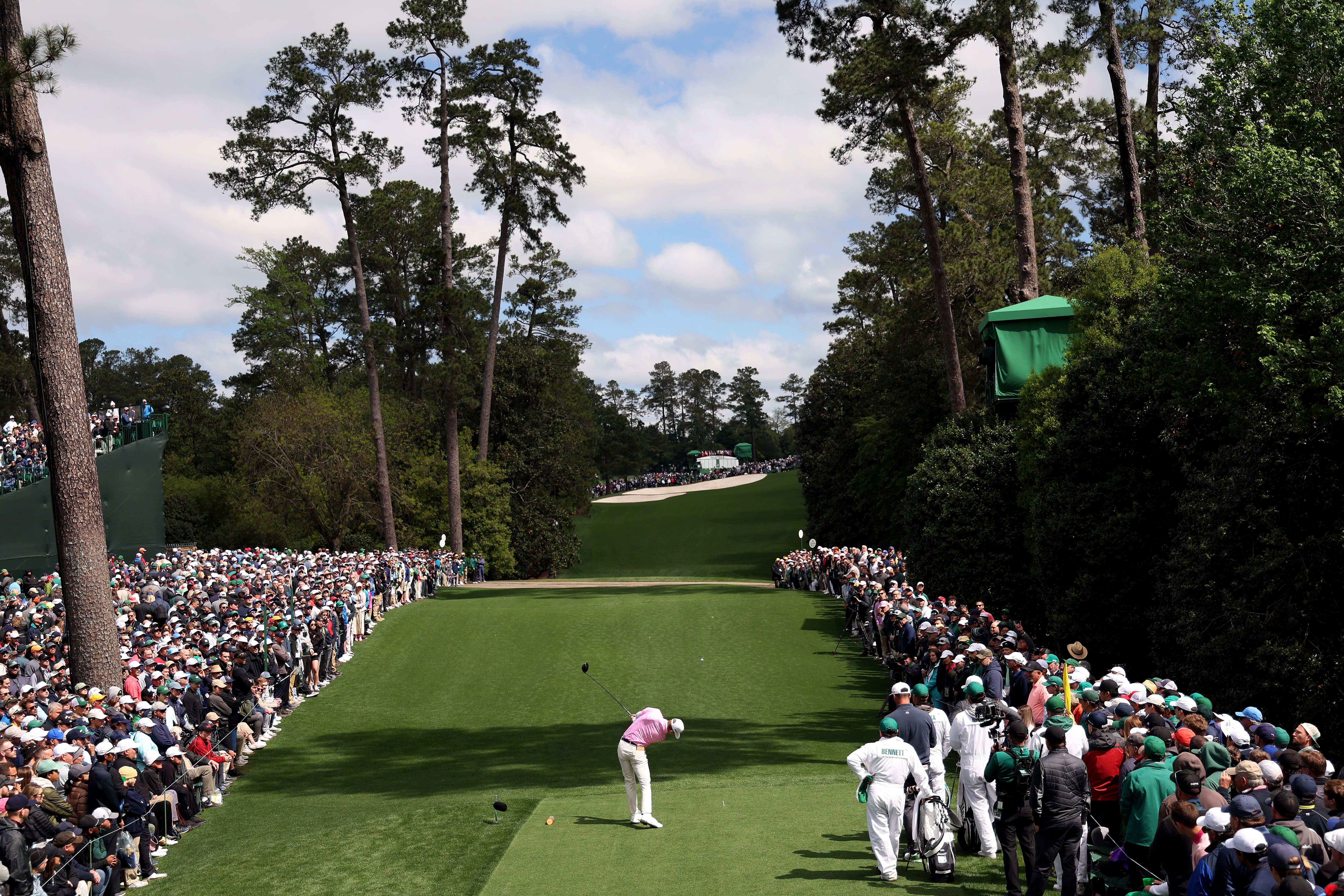 Sam Bennett plays his shot from the 18th tee during the third round of the 2023 Masters Tournament. (Christian Petersen/Getty Images)