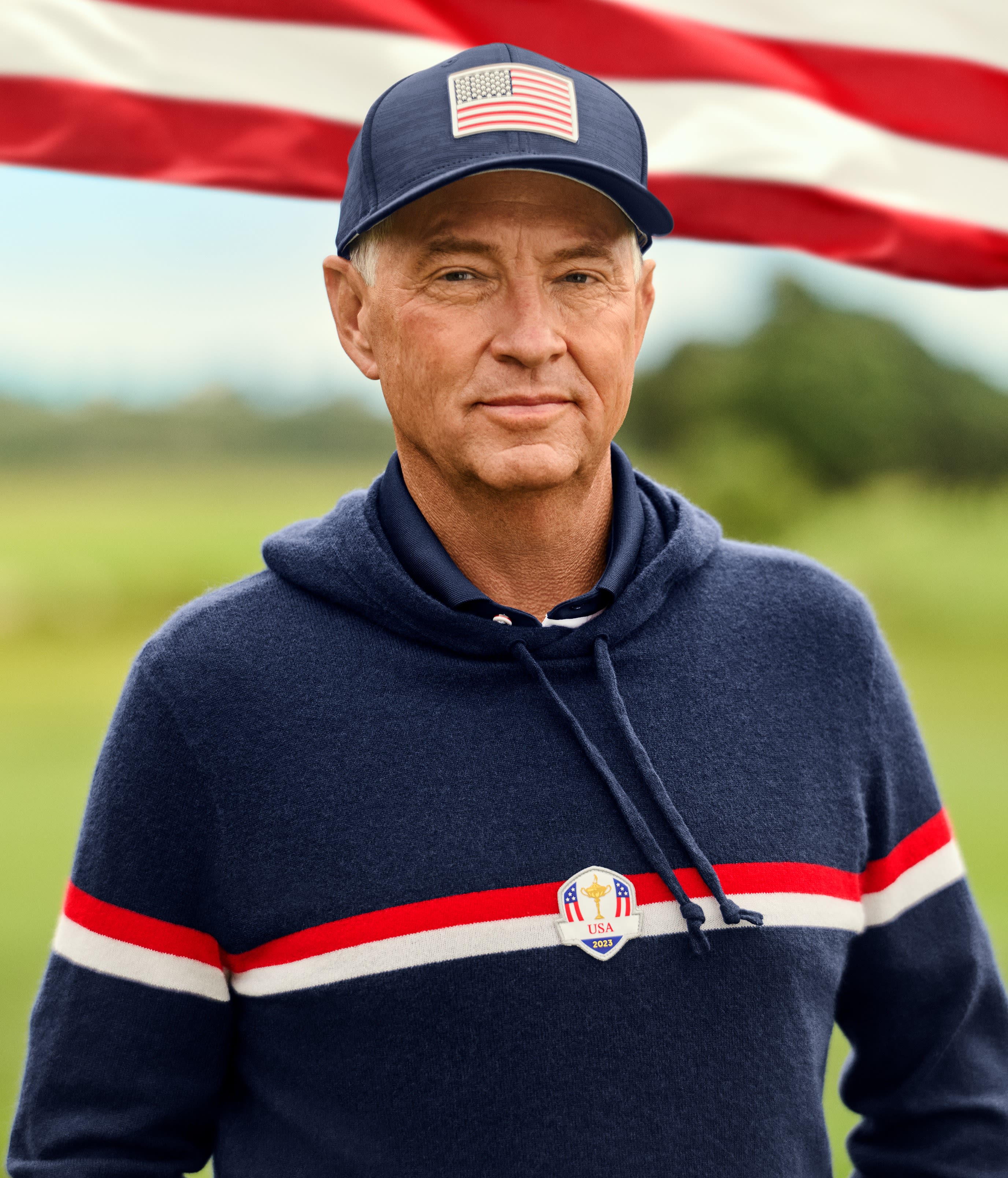 Vice Captain Davis Love III in the cashmere hoodie.