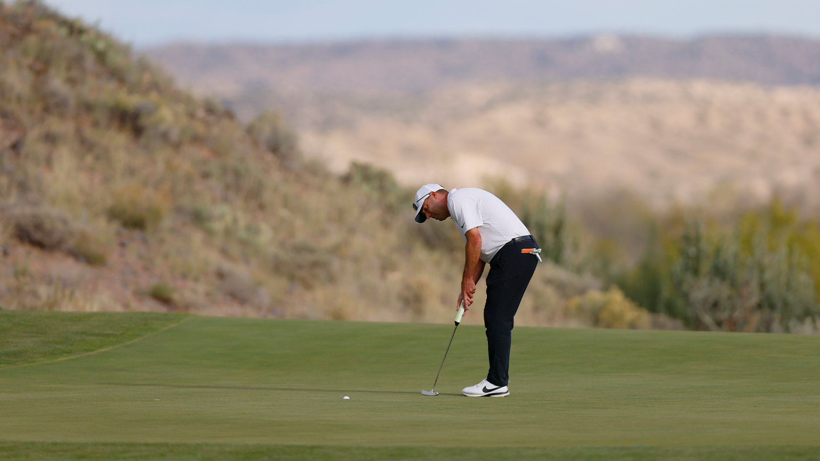 Matt Schalk makes a putt for birdie on the 16th hole during the third round of the 34th Senior PGA Professional Championship at Twin Warriors Golf Club on October 15, 2022 in Santa Ana Pueblo, New Mexico. (Photo by Justin Edmonds/PGA of America)