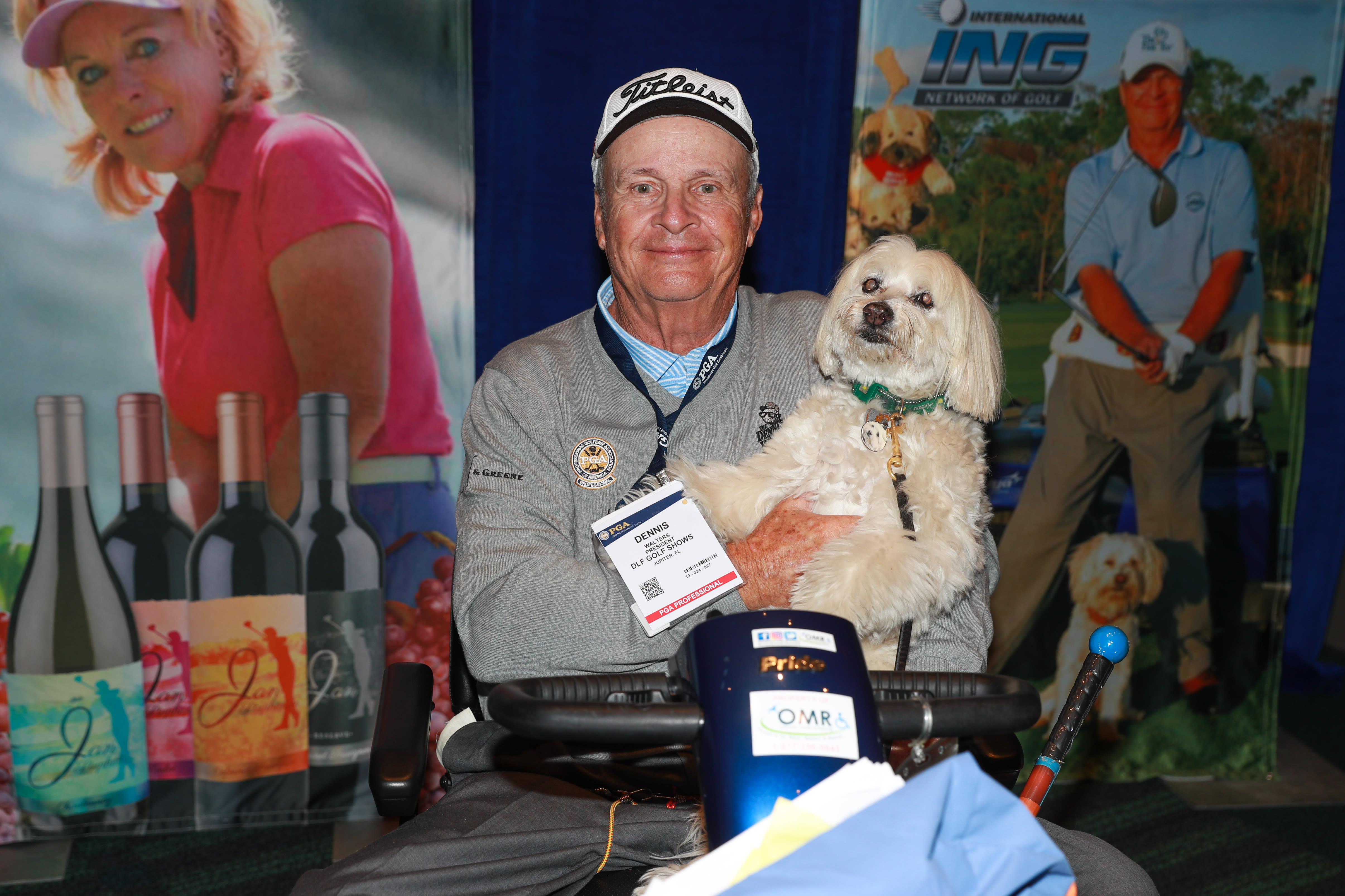 Walters and sidekick, Gussie, at the 2019 PGA Show.