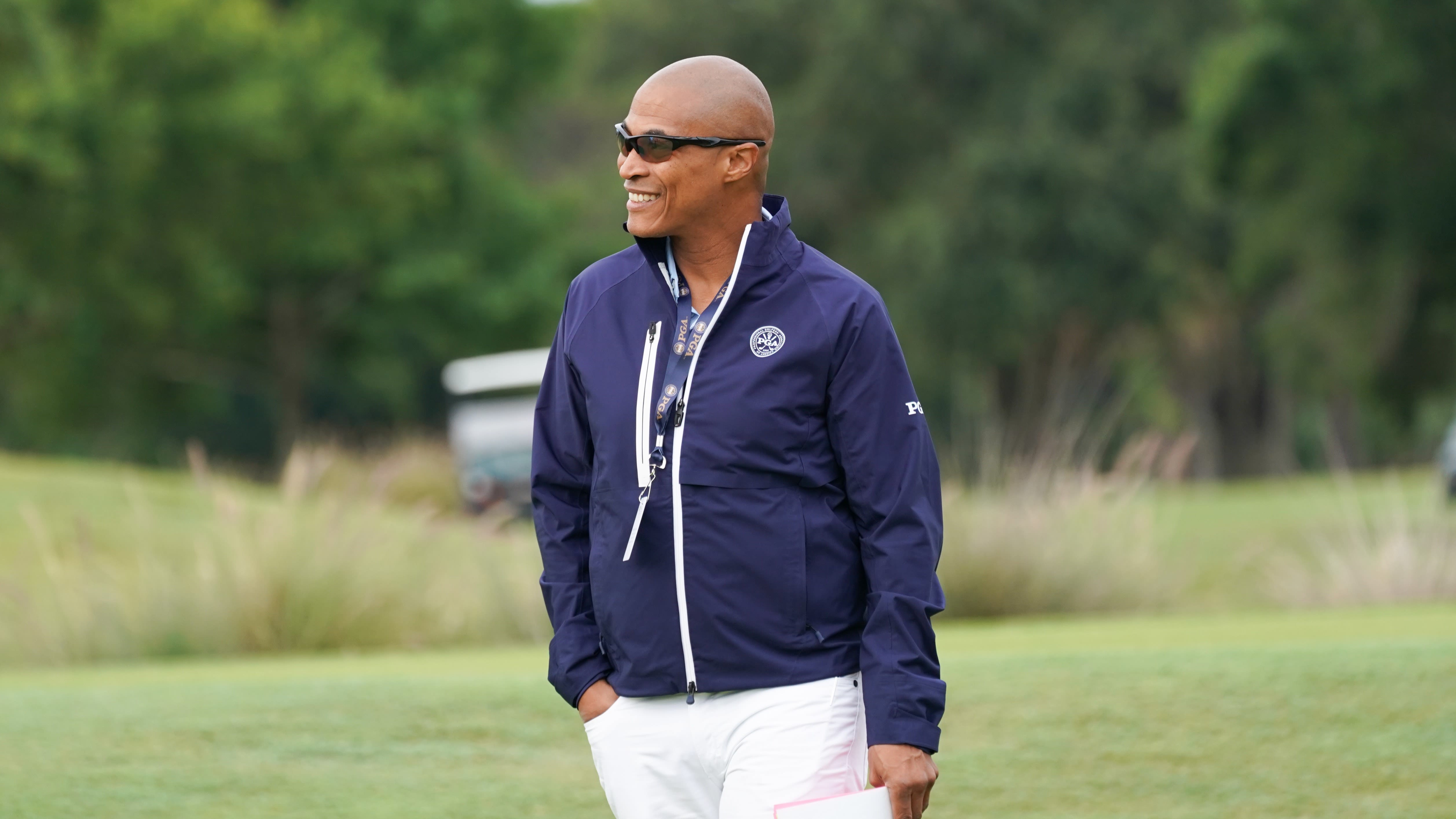 Scooter Clark on the tee as the Tournament Director for the 32nd PGA WORKS Collegiate Championship.