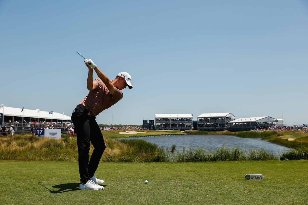 Rasmus Hojgaard of Denmark hits his tee shot on the 17th hole during the second round of the 2021 PGA Championship held at the Ocean Course of Kiawah Island Golf Resort on May 21, 2021 in Kiawah Island, South Carolina. (Photo by Maddie Meyer/PGA of America via Getty Images)