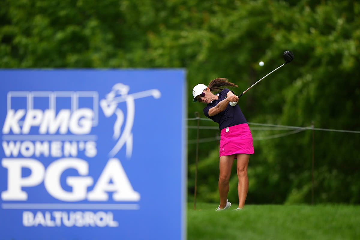 Joanna Coe hits her tee shot on the third hole during a practice round before the KPMG Women's PGA Championship at Baltusrol Golf Club on Wednesday, June 21, 2023 in Springfield, New Jersey. (Photo by Darren Carroll/PGA of America)