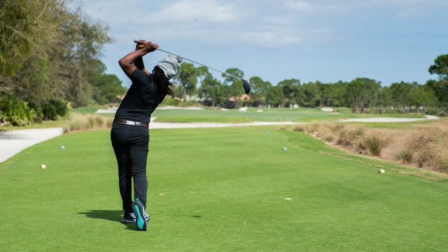 Will Lowery hits his tee shot on the second hole during the final round of the APGA Tour held at the PGA Golf Club on February 21, 2021 in Port St. Lucie, Florida. (Photo by Hailey Garrett/PGA of America)