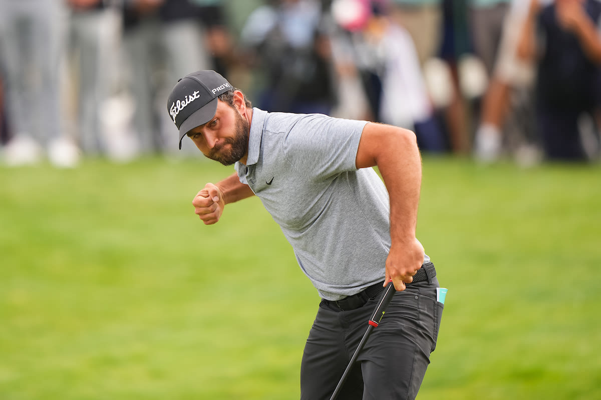 Braden Shattuck celebrates after making his putt on the 18th hole and winning the 55th PGA Professional Championship at Twin Warriors Golf Club on Wednesday, May 3, 2023 in Santa Ana Pueblo, New Mexico. (Photo by Darren Carroll/PGA of America)