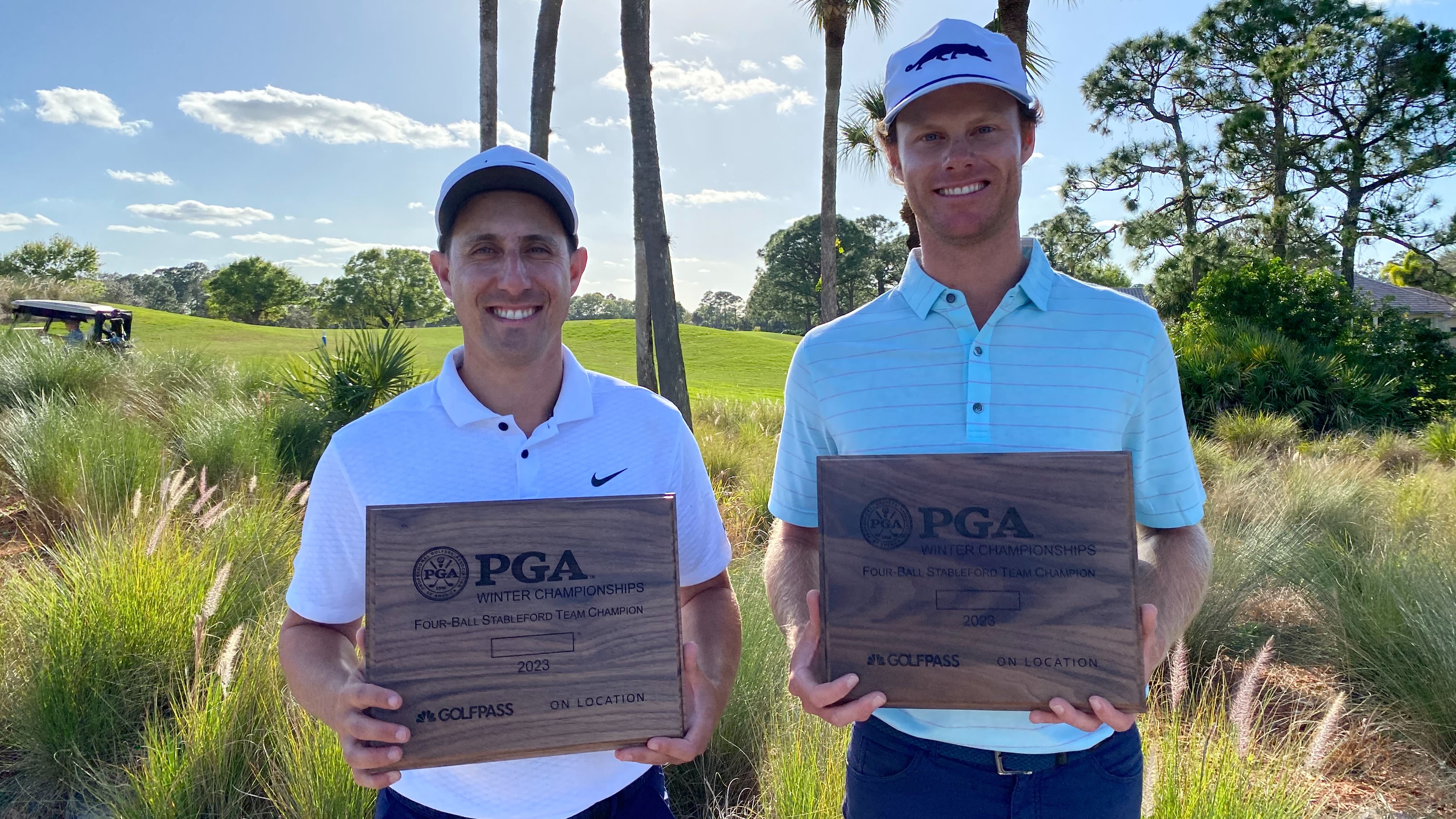 PGA Members Dylan Newman (left) and Benny Cook won the 2023 PGA Four-Ball Team Championship at PGA Golf Club February 7.