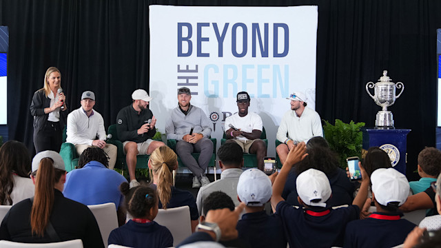 A Buffalo Bills Representative introduces Buffalo Bills players Tyler Bass, Kyle Allen, Matt Barkley, Kaiir Elam, Josh Allen during the Beyond the Green programming before the PGA Championship at Oak Hill Country Club on Tuesday, May 16, 2023 in Rochester, New York. (Photo by Darren Carroll/PGA of America)