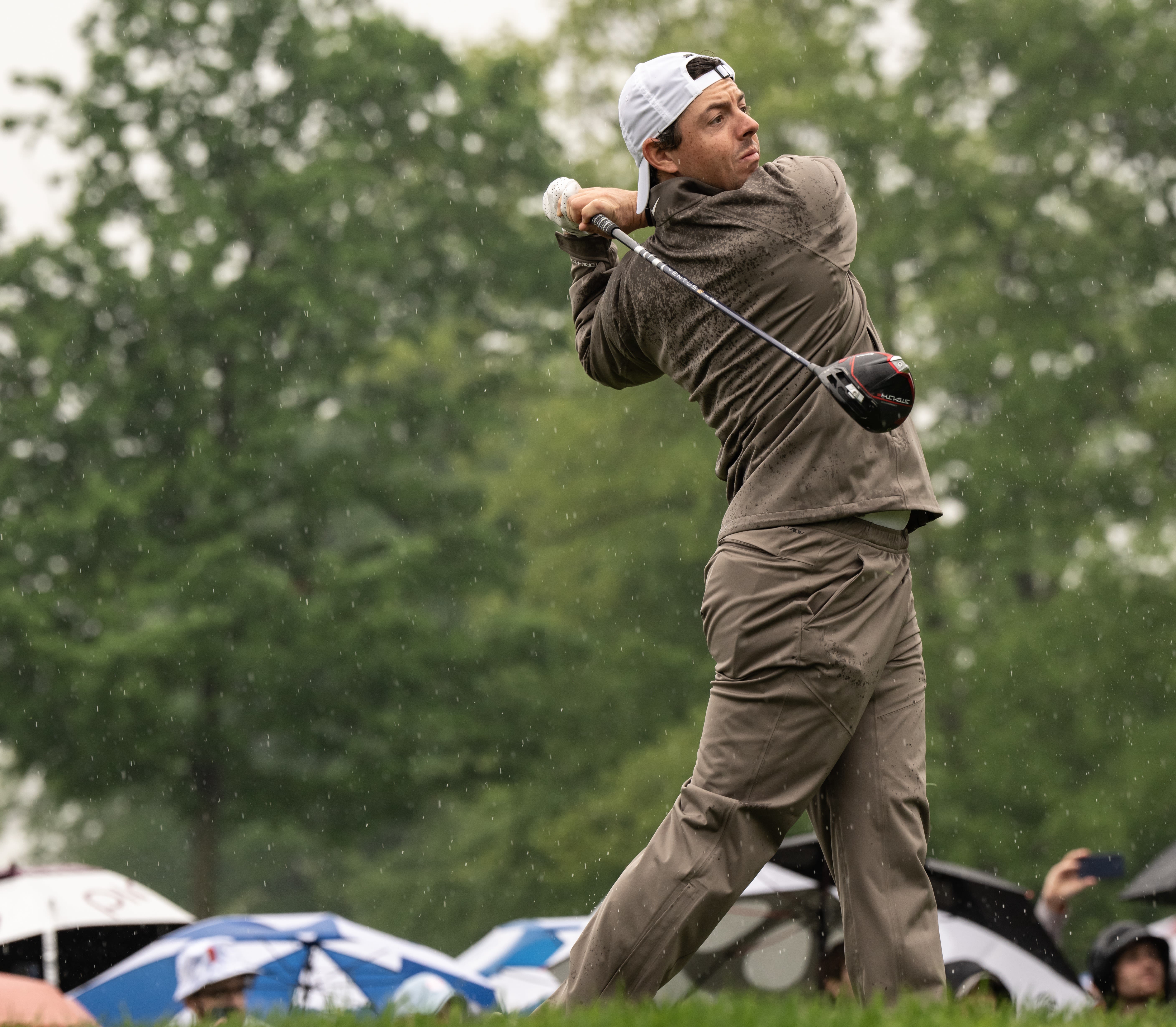 Rory McIlroy at the 2023 PGA Championship used a full rain suit to handle the conditions. (Photo by Luke Davis)