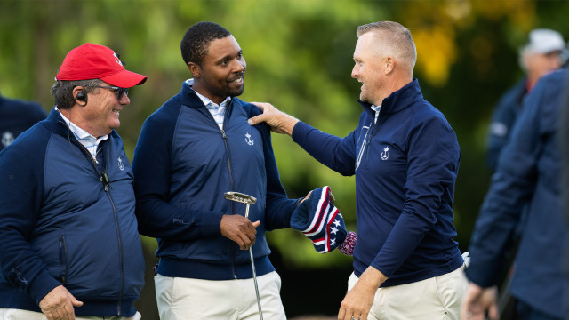 Wyatt Worthington II of the United States and Ryan Vermeer of the United States during afternoon foursome matches for the 30th PGA Cup at Foxhills Golf Club on September 16, 2022 in Ottershaw, England. (Photo by Matthew Harris/PGA of America)