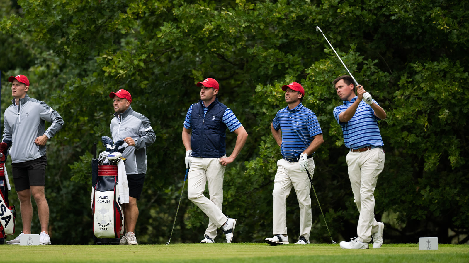 Ben Polland of the United States hits his shot during the 30th PGA Cup at Foxhills Golf Club on September 13, 2022 in Ottershaw, England. (Photo by Matthew Harris/PGA of America)