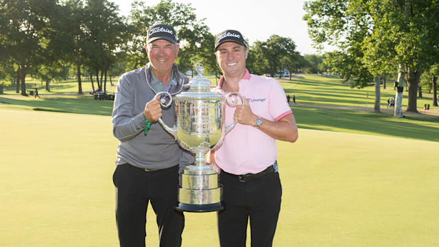 PGA Professional, Mike Thomas and 2022 PGA Champion, Justin Thomas during the Trophy Presentation the 2022 PGA Championship at the Southern Hills on May 22, 2022 in Tulsa, Oklahoma. (Photo by Montana Pritchard/PGA of America)